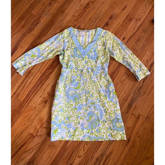 Amazing unique Gretchen Scott Designs blue green dragon v neck dress XS - Picture 2 of 4